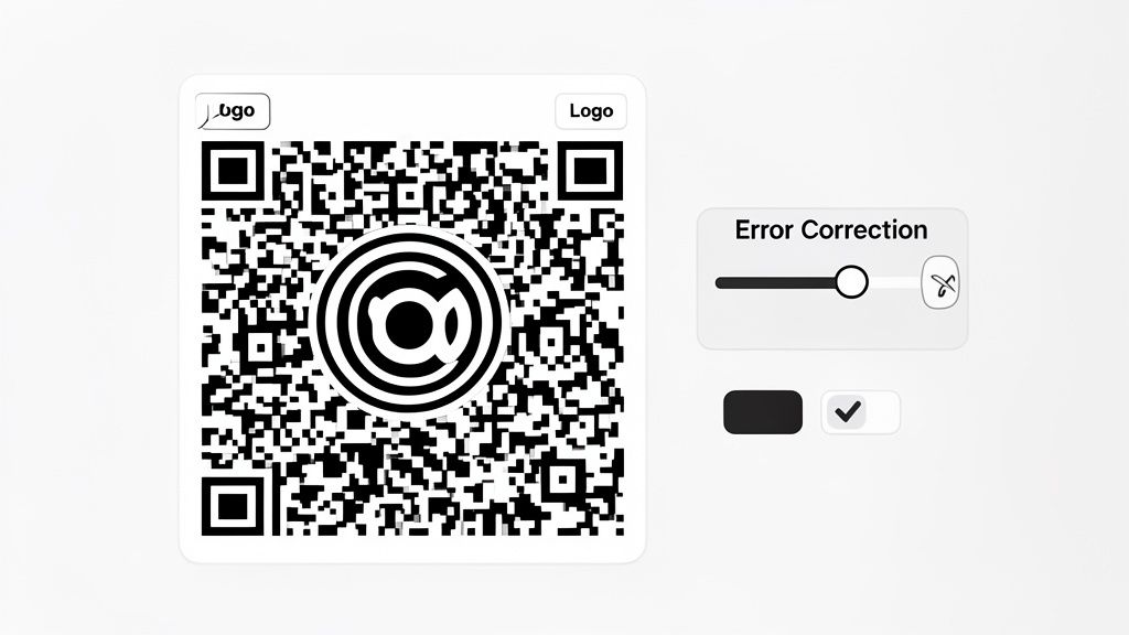 A custom QR code with a central logo, an error correction slider, and color options on a white background.