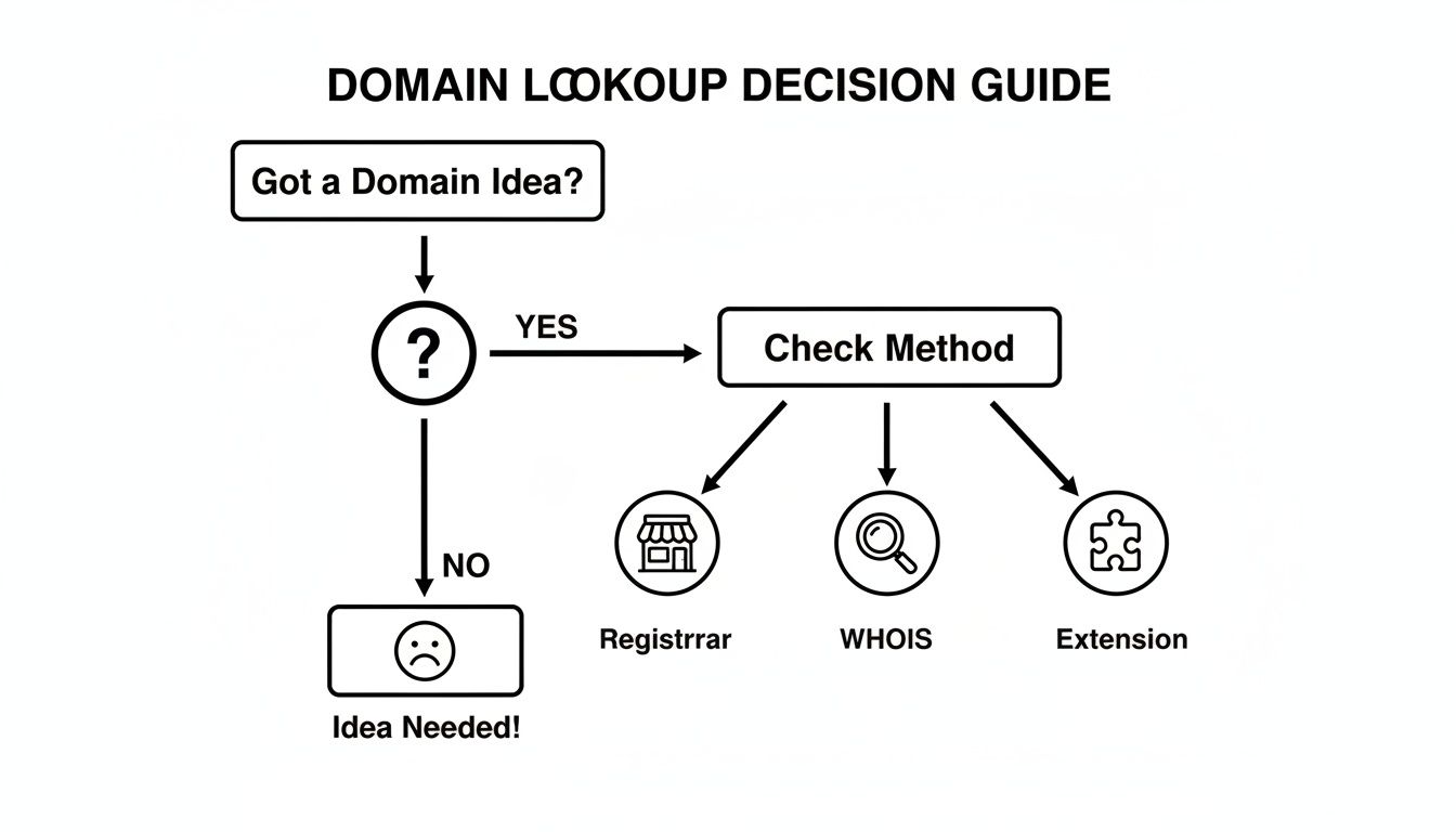 Fluxograma orientando os usuários sobre como verificar a disponibilidade de domínio, sugerindo registrador, WHOIS ou métodos de extensão.