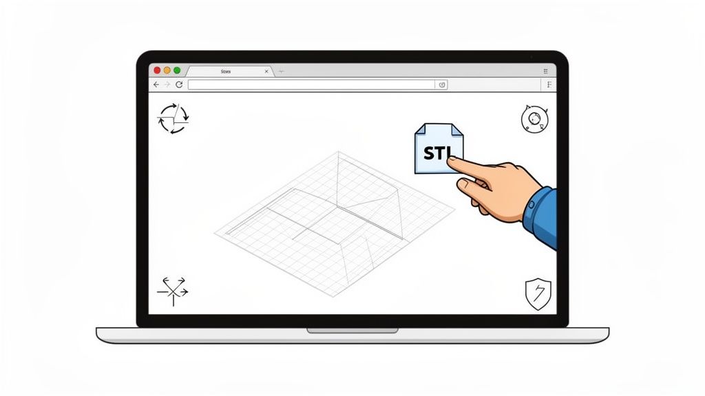 A hand interacting with an STL file on a laptop screen displaying a 3D wireframe model.