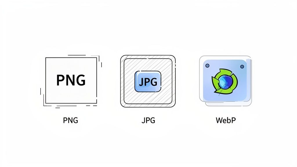 Three icons representing different image file formats: PNG, JPG, and WebP, with their names below.