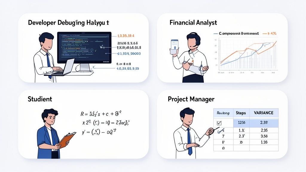 Four distinct panels illustrate different roles: a developer, financial analyst, student, and project manager at work.