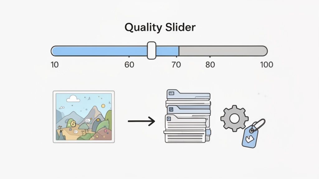 A quality slider set between 60 and 70, illustrating image conversion into stacked files and a tag.
