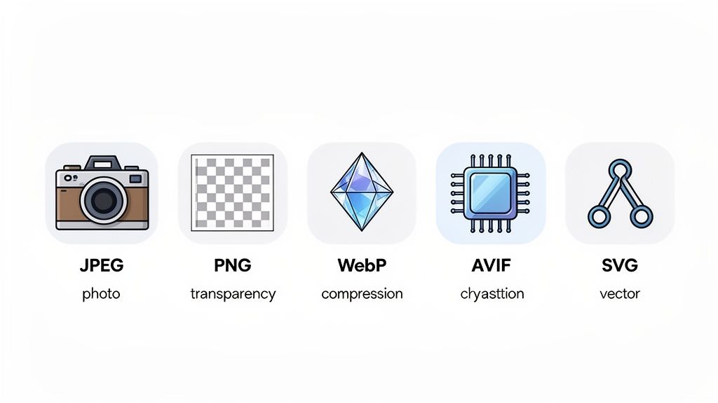Icons and descriptions of popular image file formats: JPEG, PNG, WebP, AVIF, and SVG.