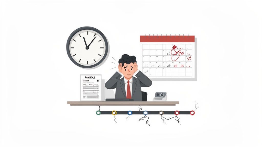 Stressed businessman overwhelmed by deadlines, payroll, and time pressure with a cracking timeline.
