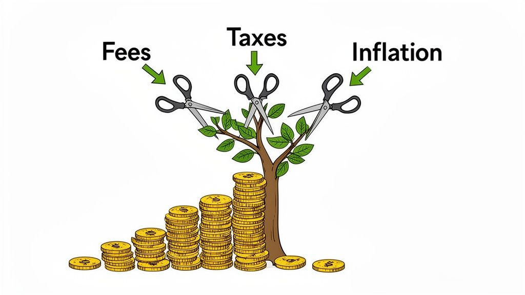 Scissors labeled Fees, Taxes, and Inflation cut leaves from a money tree, symbolizing wealth erosion.