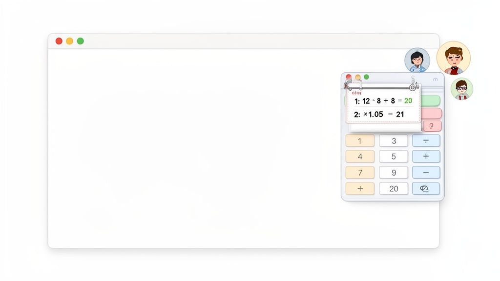 A collaborative online calculator application showing calculation history and user avatars in a browser window.