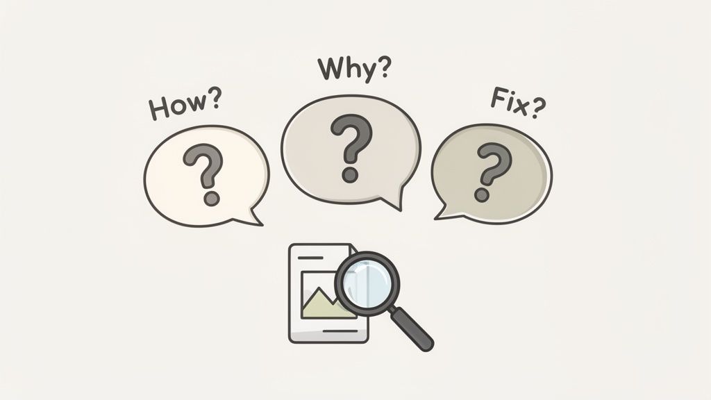 Illustration of three thought bubbles with 'How?', 'Why?', 'Fix?' questions, above a document being analyzed by a magnifying glass.