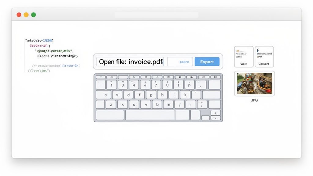 A browser window displaying a file input field, an on-screen keyboard, and options for viewing and converting files.