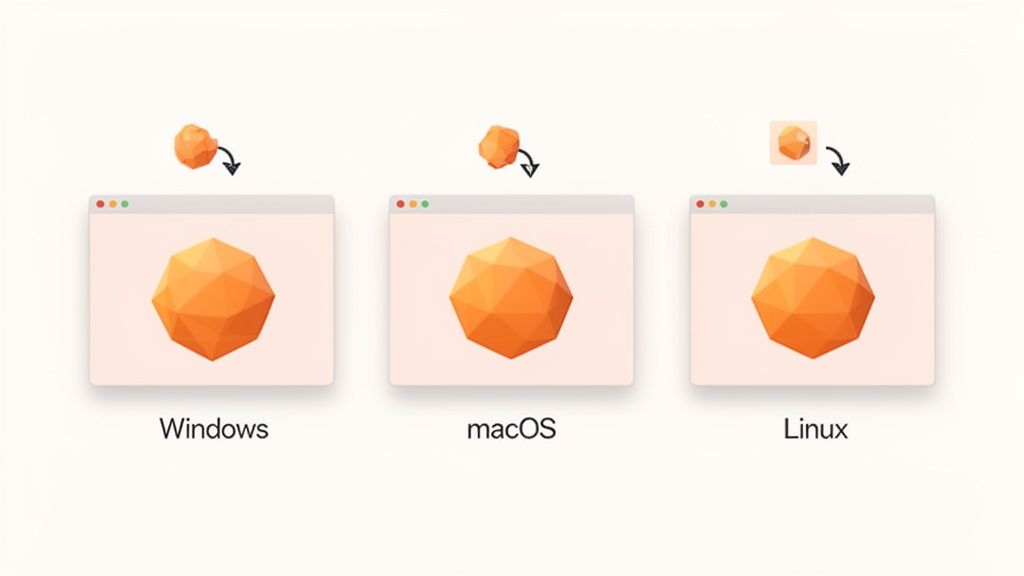 An orange 3D geometric shape dropping into Windows, macOS, and Linux windows, showing consistent display across operating systems.