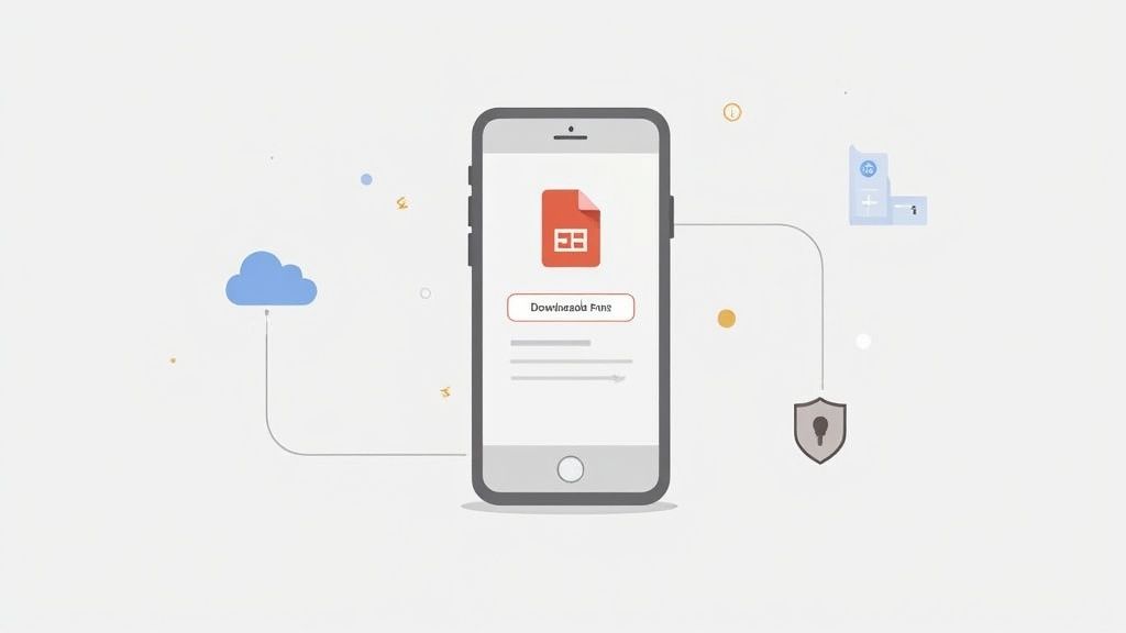 Illustration of a smartphone displaying a spreadsheet app, connected to cloud storage and security features.