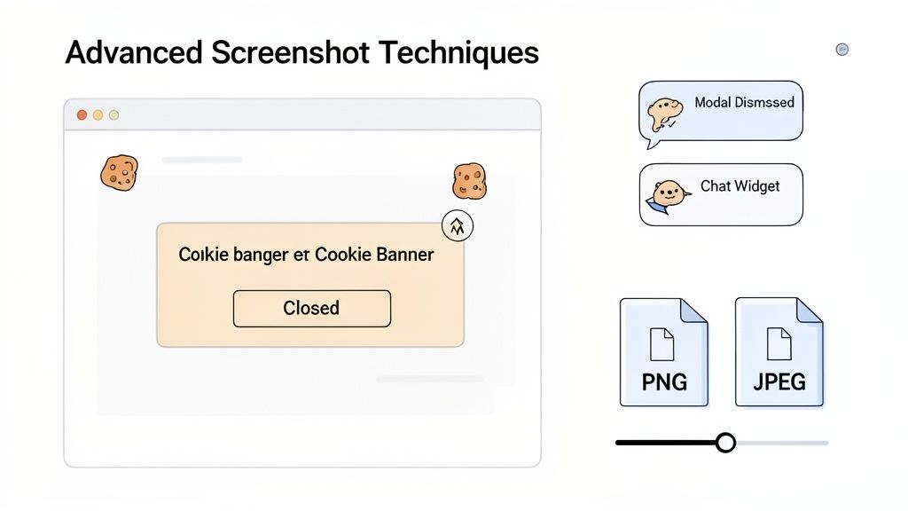 Illustration of advanced screenshot techniques, showing a web page with cookie banner, modal, chat widget, and PNG/JPEG file options.