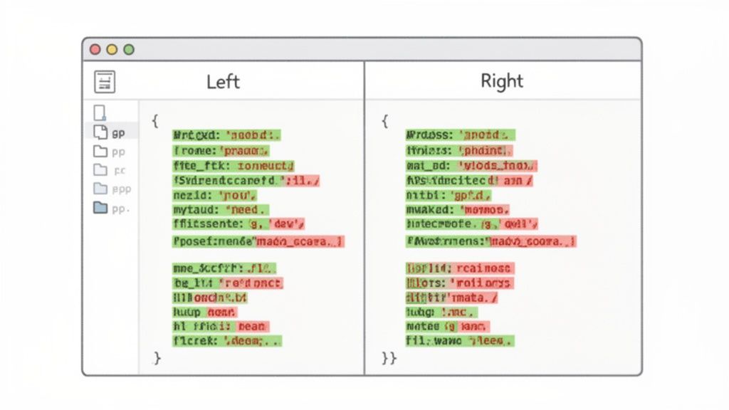 Una herramienta de comparación de código que muestra dos archivos lado a lado con diferencias resaltadas en verde y rojo.