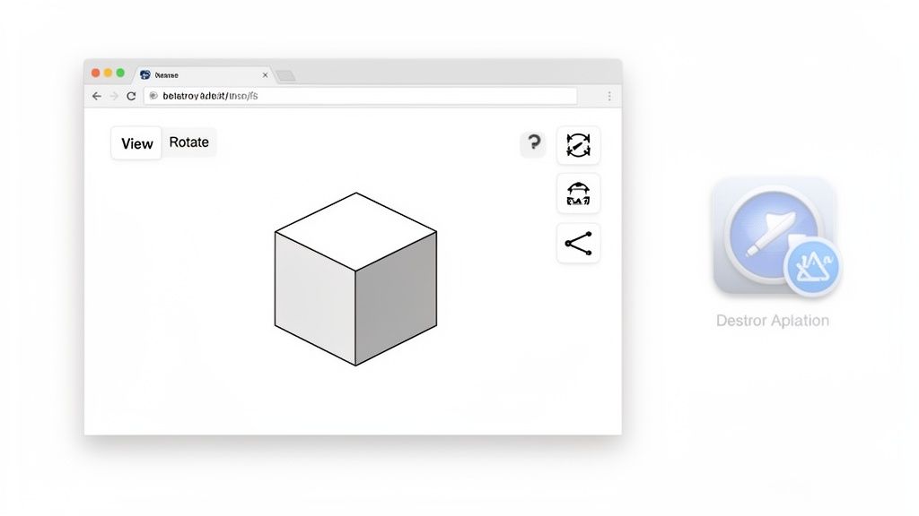 A web browser displaying a white 3D cube with 'View' and 'Rotate' options.