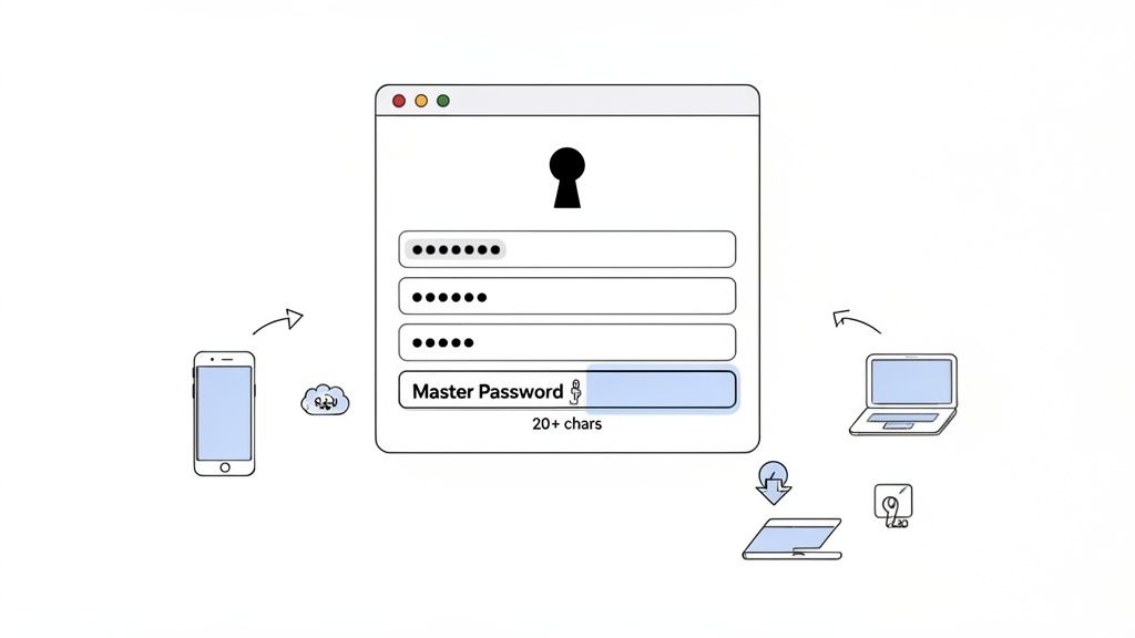 Diagram showing a master password managing and syncing secure passwords across multiple devices via cloud.