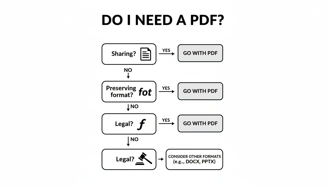 A flowchart titled 'Do I Need a PDF?' guiding users on when to choose PDF for sharing, preserving format, or legal purposes.