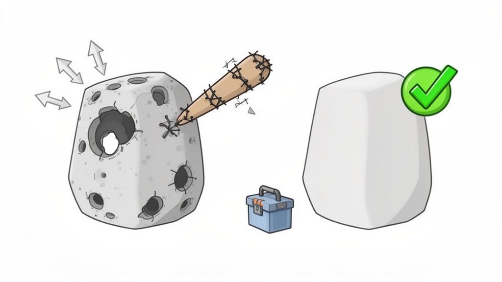 An irregular, damaged gray object is repaired with a stitched bat, transforming into a smooth, white one, with a toolbox nearby.