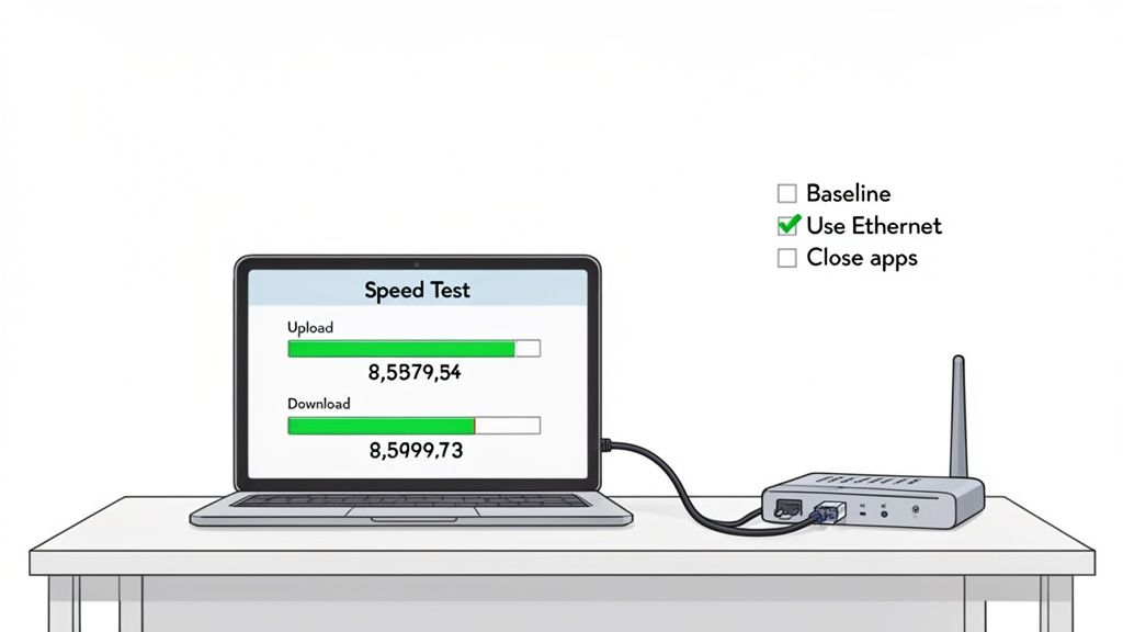 A laptop connected to a router via Ethernet cable, showing a speed test with high upload and download speeds.