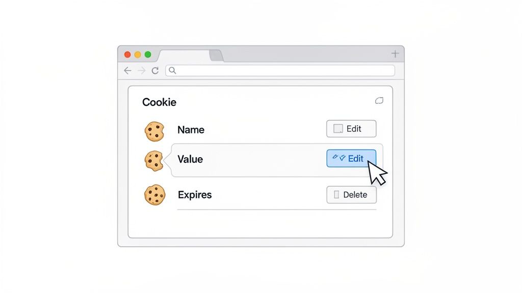 پنجره مرورگر که رابط ویرایشگر کوکی را با فیلدهایی برای نام، مقدار و تاریخ انقضا نشان می‌دهد و یک نشانگر روی دکمه 'ویرایش' است.