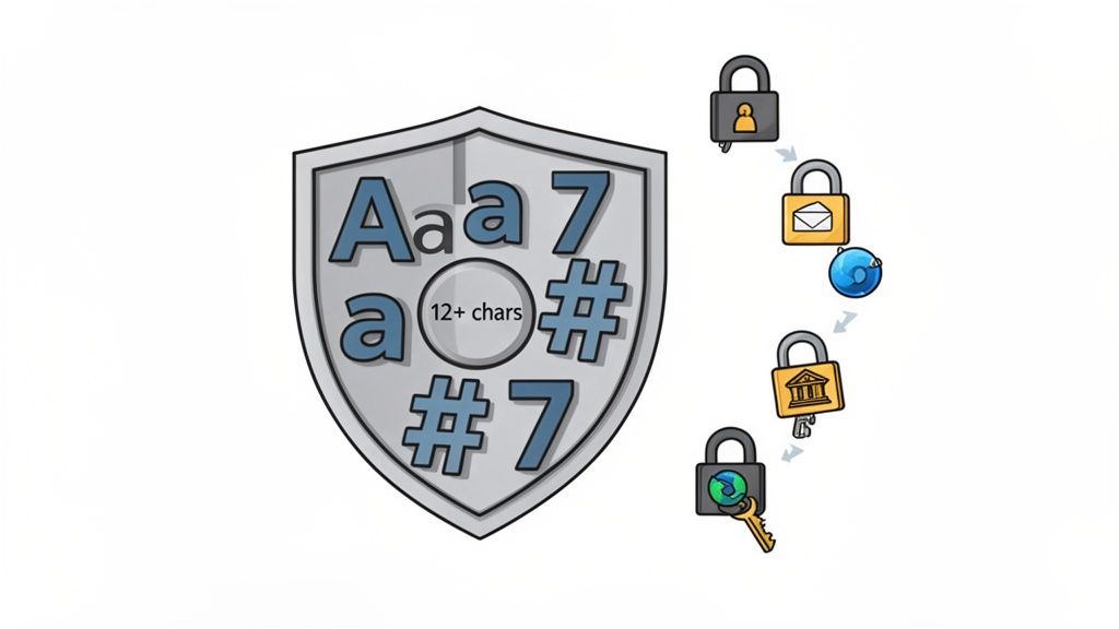 Illustration showing a shield with strong password requirements and a chain of locked online accounts.