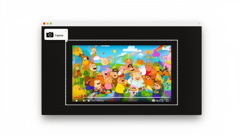 A computer screen showing a video player with a cartoon scene and a 'Capture' button.