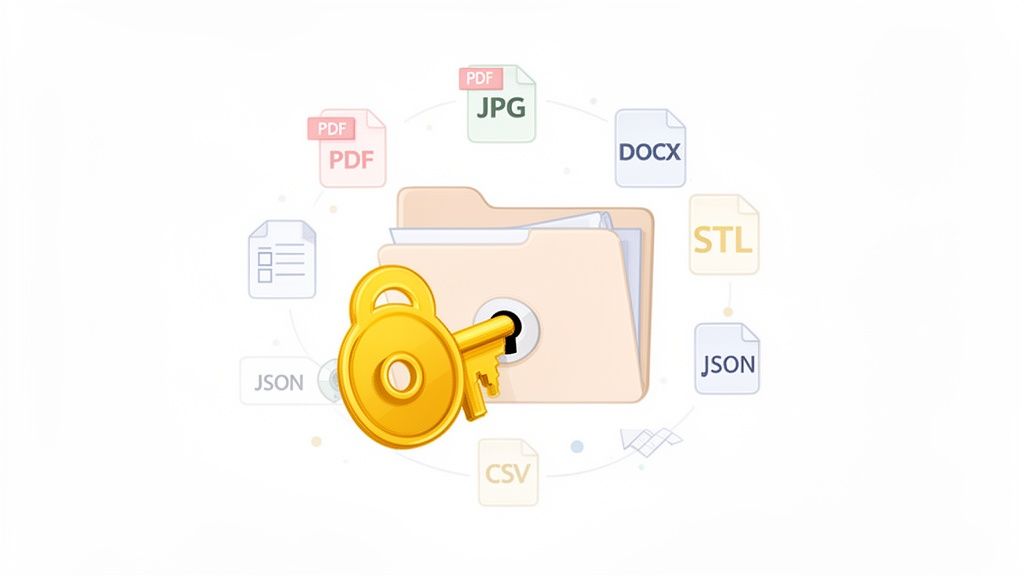 A golden key and padlock securing a file folder, surrounded by icons for various file types.