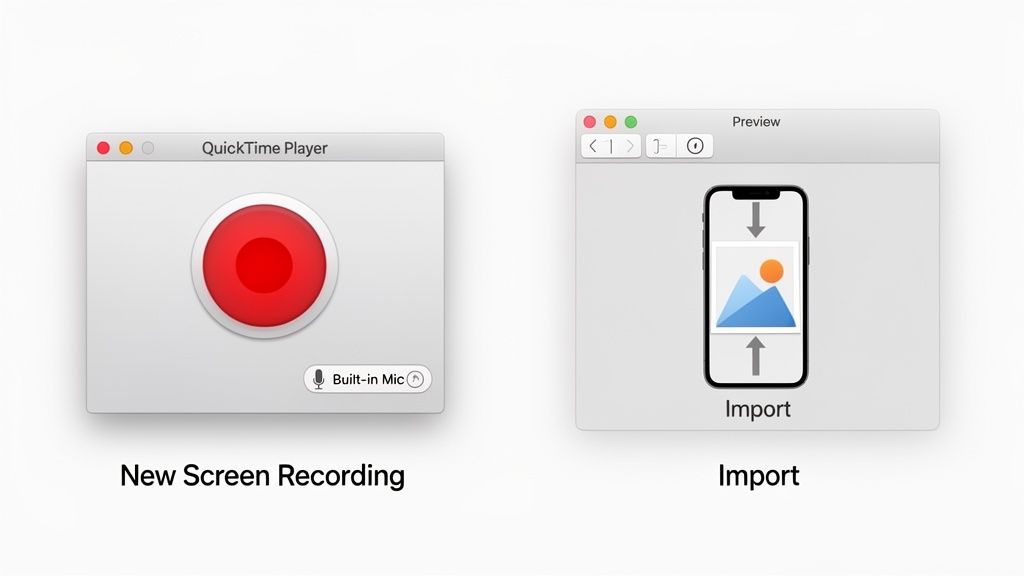 Aplicativos do Mac QuickTime Player para gravação de tela e Preview para importação de mídia em um fundo branco.