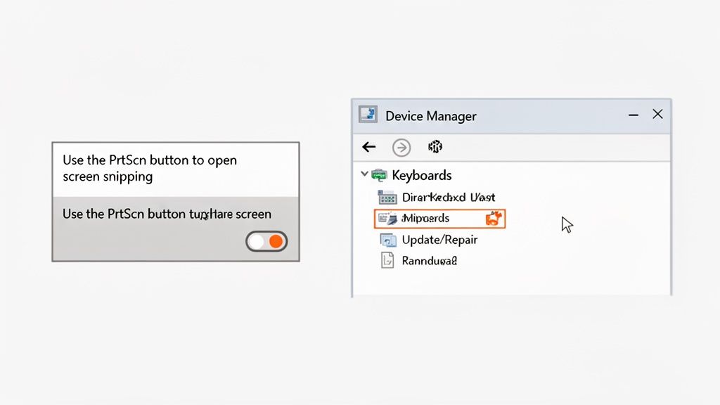 Configurações do Windows para a funcionalidade do botão Print Screen e o Gerenciador de Dispositivos mostrando opções de teclado destacadas.