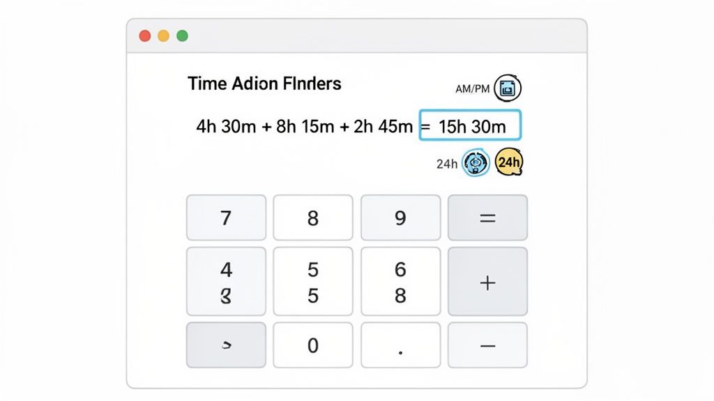 A digital time calculator interface showing the sum of 4h 30m, 8h 15m, and 2h 45m as 15h 30m.