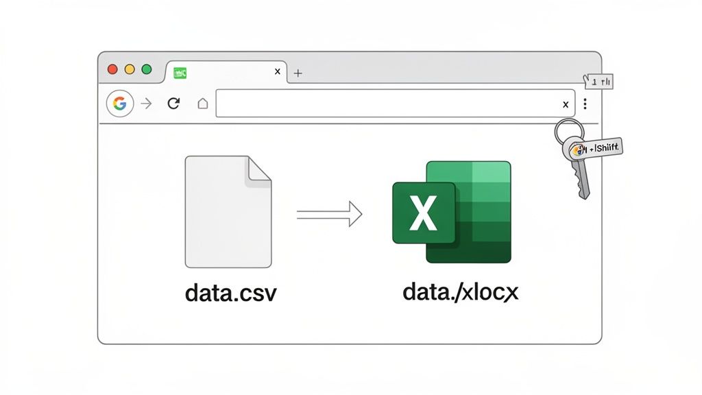 A browser window illustrating the conversion of a data.csv file to a data.xlsx Excel file.