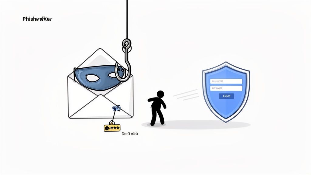 An illustration depicting a phishing attack with a masked email lure, a fishing hook, and a user approaching a login screen.