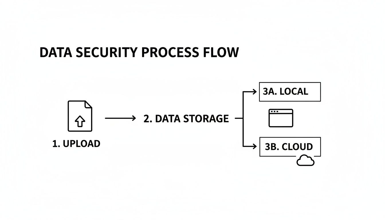 A flowchart detailing a data security process: upload, data storage, and choice between local or cloud storage.