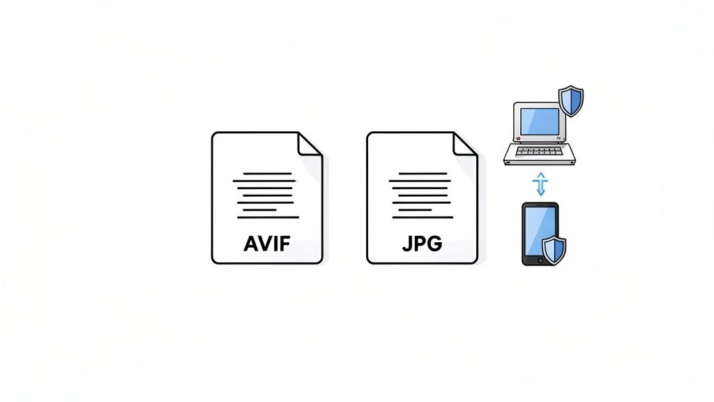 AVIF and JPG file icons are shown with a secure laptop and smartphone illustrating file conversion.