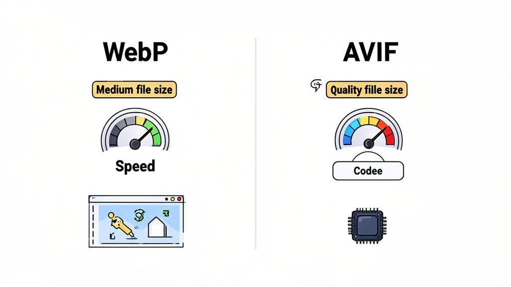 A comparison between WebP and AVIF image formats, showing their file size, speed, and codec features.