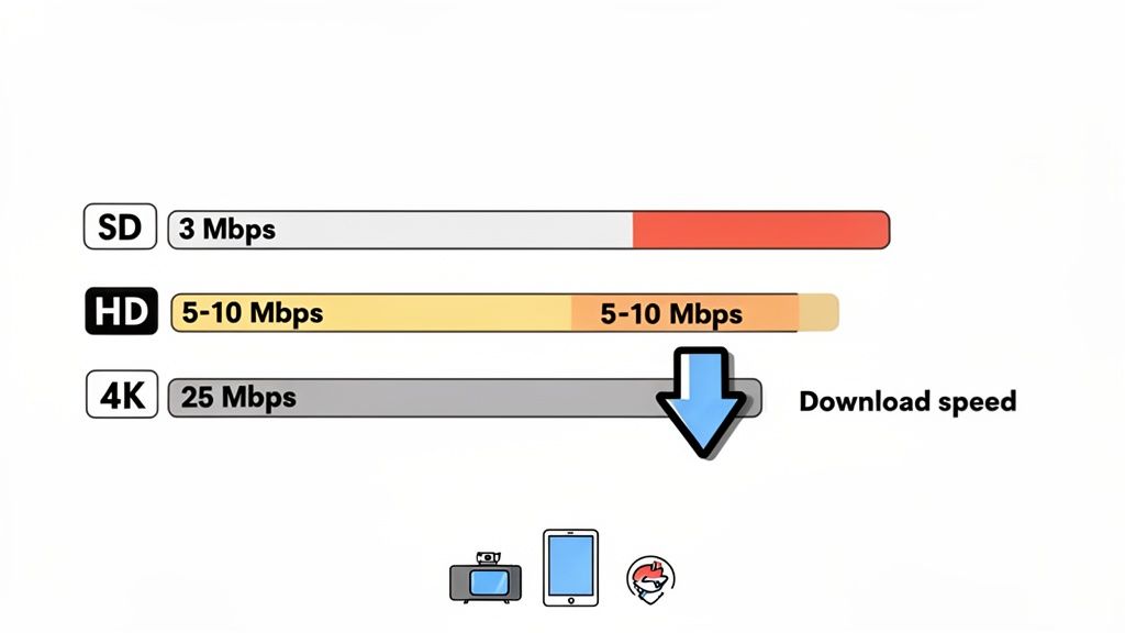 Chart illustrating internet download speeds required for SD, HD, and 4K video streaming.