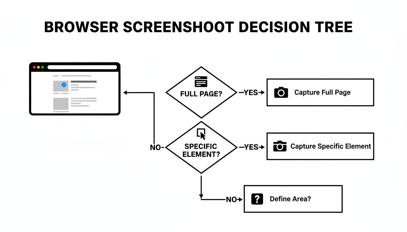Decision tree guiding users through capturing browser screenshots, offering full page, specific element, or custom area options.