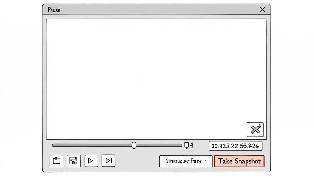 A hand-drawn video player with a pause title, playback controls, a timecode, and a 'Take Snapshot' button.