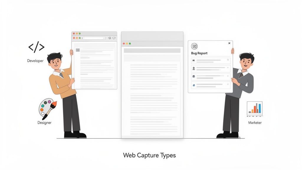 Two cartoon characters, a developer and a marketer, illustrating various web capture types from browser windows to bug reports.
