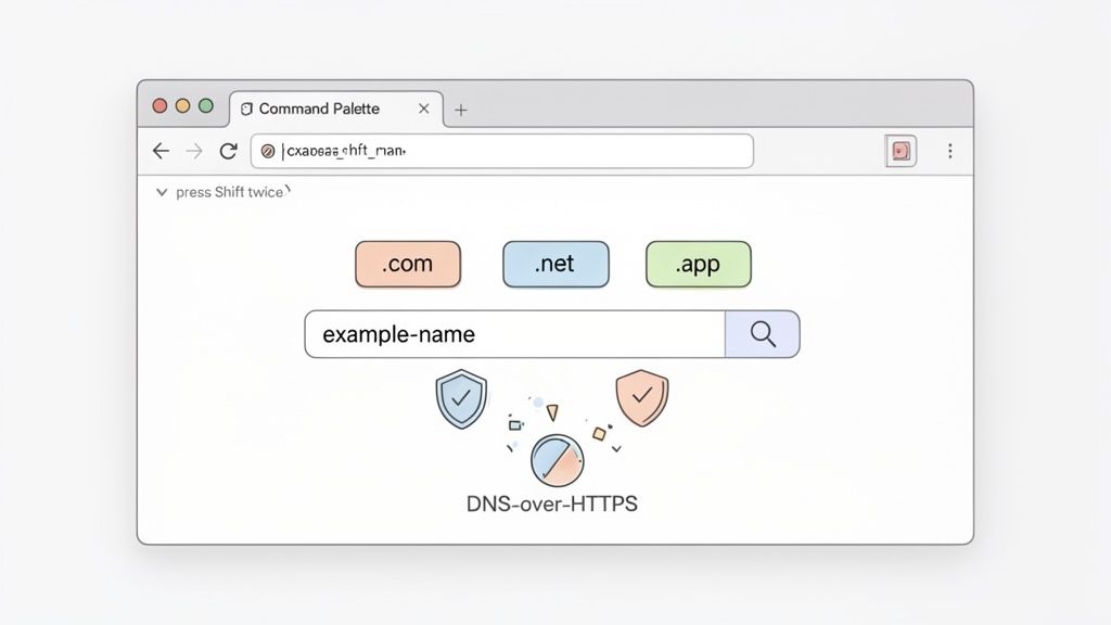 Janela do navegador mostrando um verificador de disponibilidade de domínio com opções .com, .net, .app e DNS-over-HTTPS.