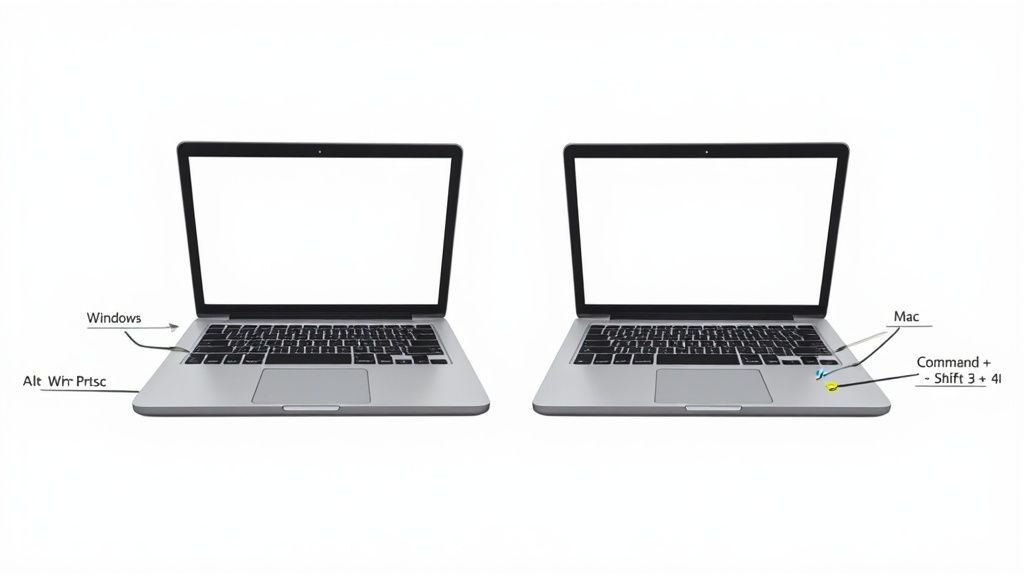 Dois laptops, Windows e Mac, ilustrando diferentes atalhos de teclado para tirar capturas de tela.
