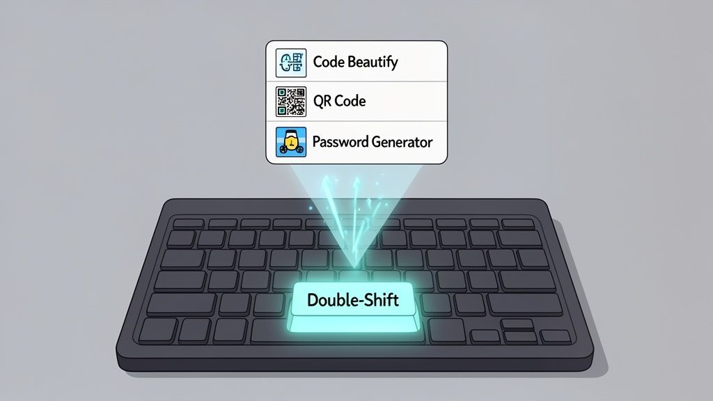 A keyboard with a glowing Double-Shift key opens a menu for various productivity tools.