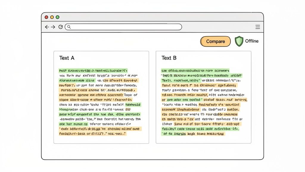 Una ventana del navegador que muestra una herramienta de comparación de texto con dos secciones de texto resaltadas lado a lado.