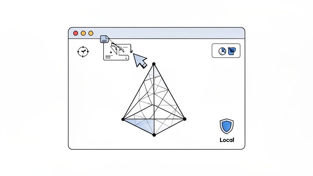 A computer window showing a 3D geometric model with a cursor interacting and a 'Local' shield icon.