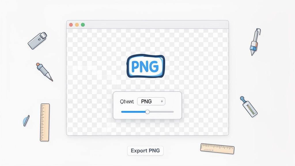 A desktop application interface displaying a PNG logo, conversion settings, a slider, and an 'Export PNG' button, surrounded by various stationery items.