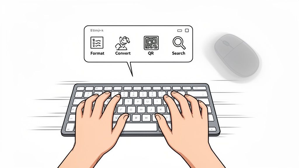 Mãos digitando em um teclado de computador com um menu flutuante mostrando opções de Formatar, Converter, QR e Buscar, ao lado de um mouse.