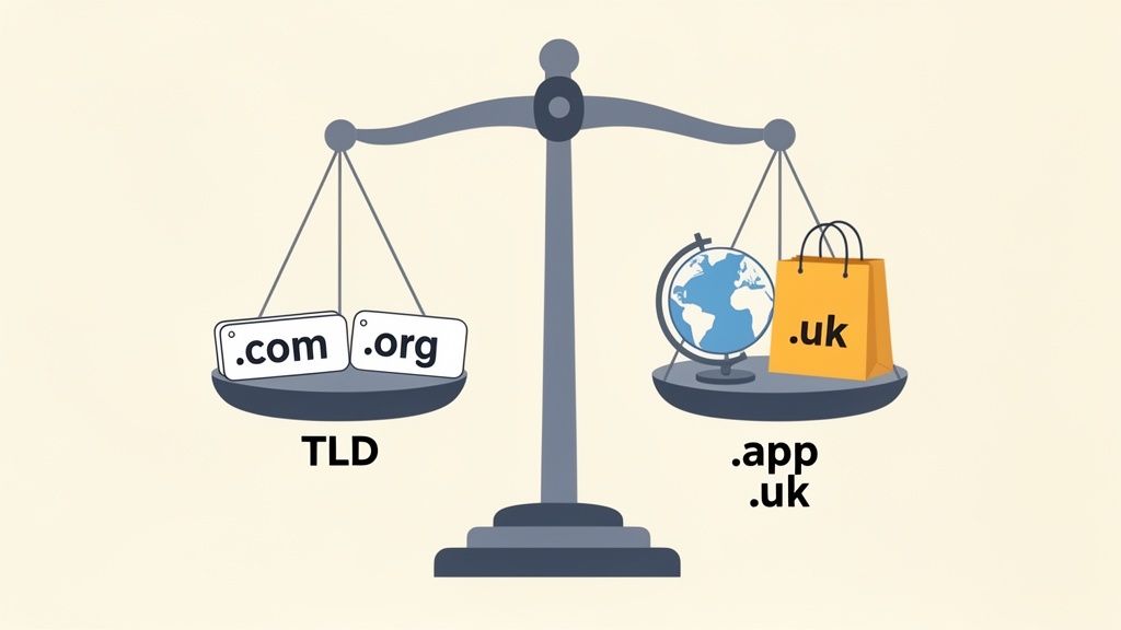 Uma balança pesando vários domínios de nível superior como .com, .org, .app e .uk.