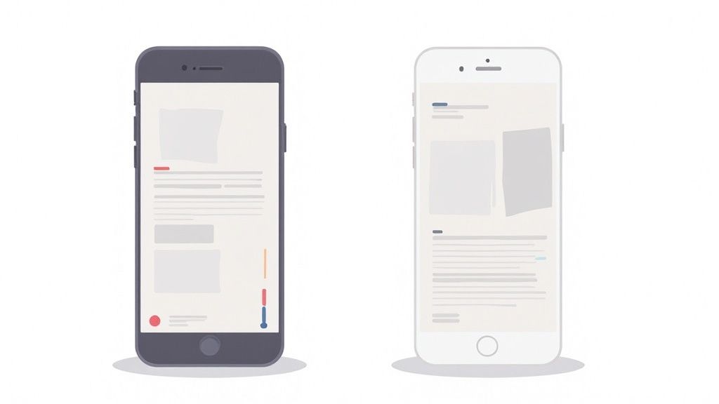 Two mobile phones showcasing abstract website or app content layouts with text and image placeholders.