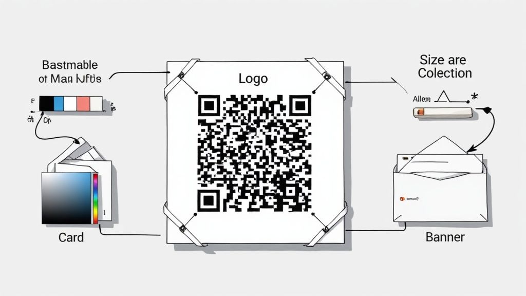 A diagram illustrating the customization and generation of a QR code, showing color, logo, and size options for cards and banners.