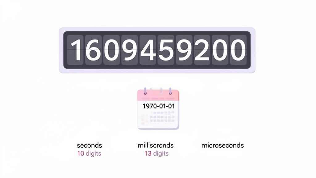 Um contador digital exibindo o timestamp Unix 1609459200, ao lado de detalhes para segundos, milissegundos e microssegundos.