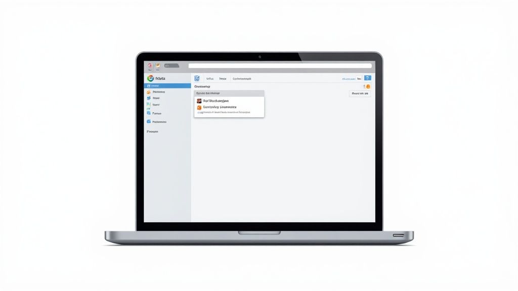 A sleek silver laptop showcasing a software interface with a sidebar menu, against a clean white background.