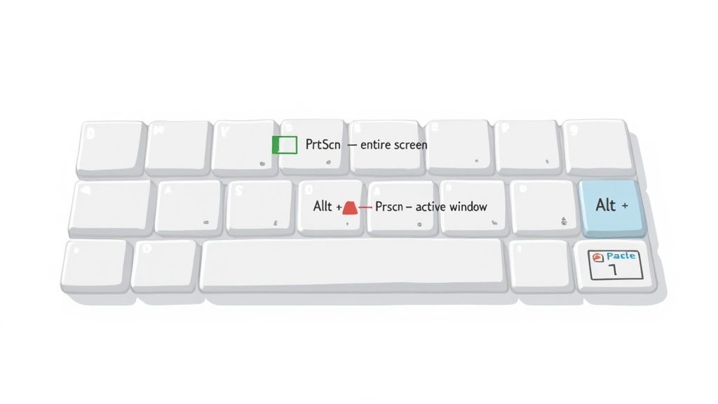 Um teclado ilustrando as teclas de atalho para tirar capturas de tela: PrtScn para tela cheia, Alt+PrtScn para janela ativa.